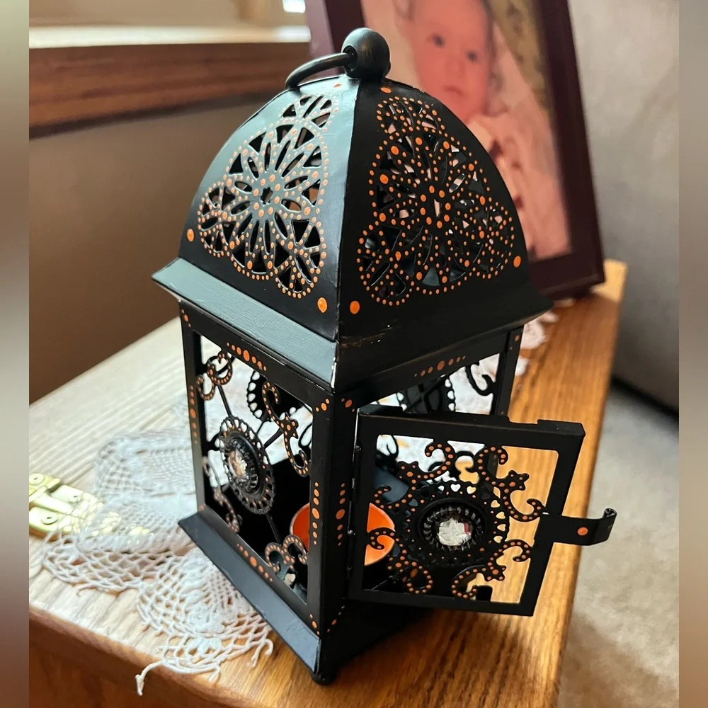 Handpainted Metal Black and Orange Decorative Lantern
